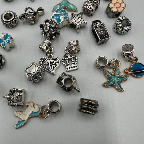 Mixed Sliding Charms Lot Silver Tone Enamel Beads Dangle Hearts Crowns Stars - Picture 4 of 11
